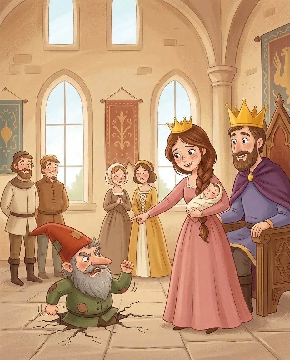 La reine devine le nom en souriant, et le petit bonhomme tape du pied de colère