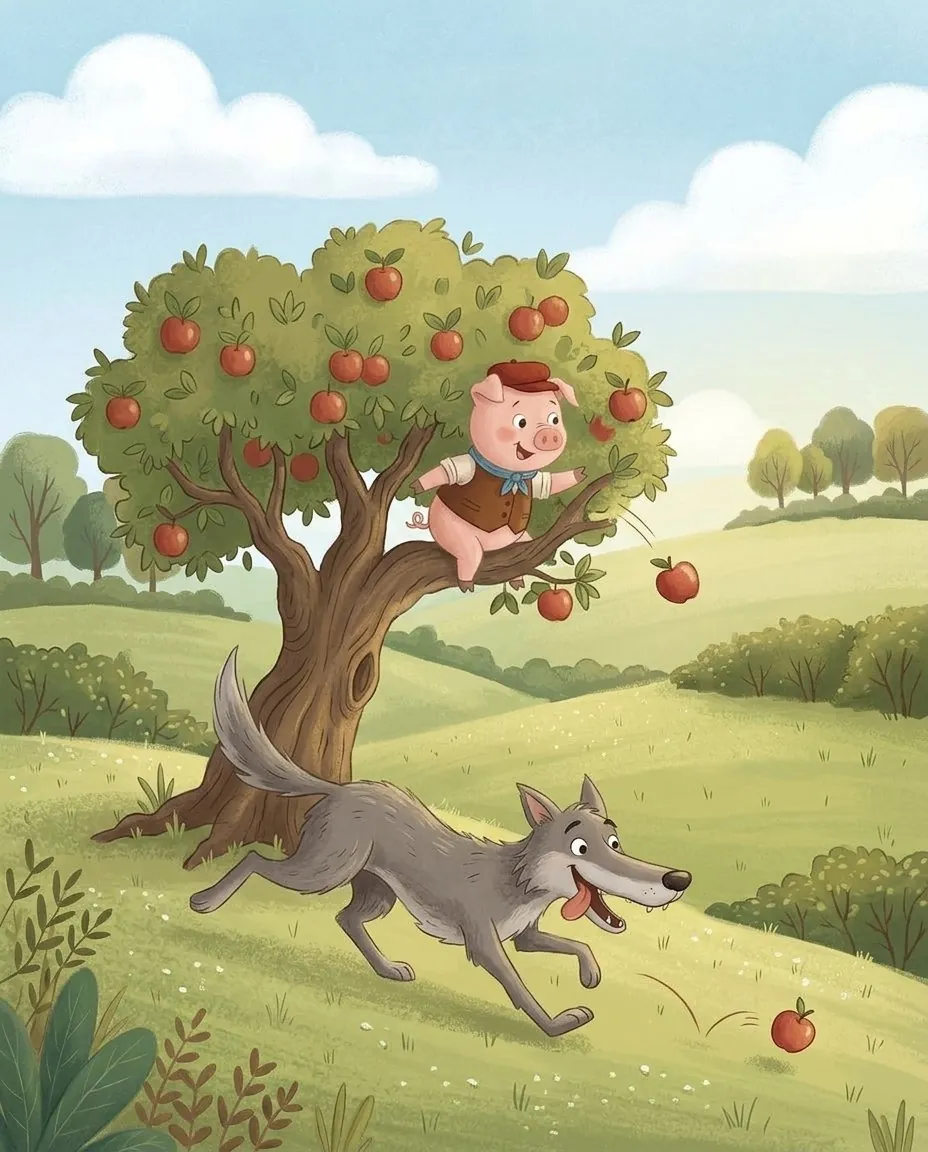 Le petit cochon, assis dans le pommier, lance une pomme très loin au loup