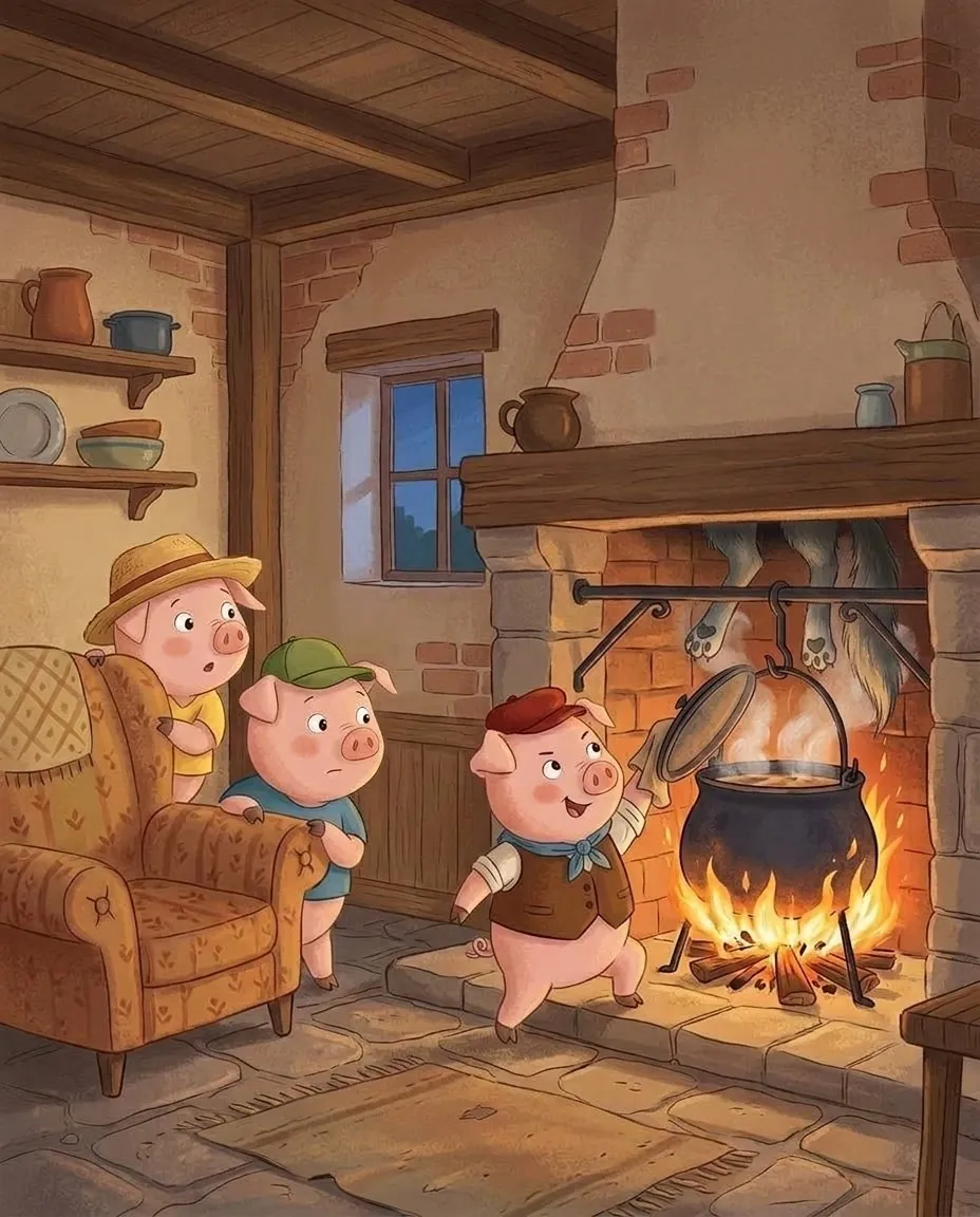 Les trois petits cochons près du feu avec une grande marmite, et la queue du loup qui pend de la cheminée