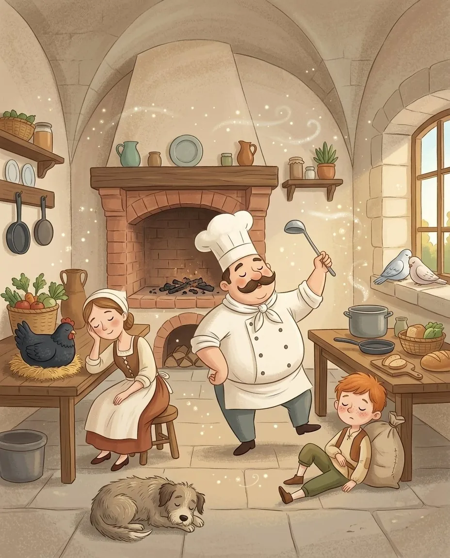 Dans la cuisine du château dorment le cuisinier, le petit marmiton, un chat et les pigeons à la fenêtre