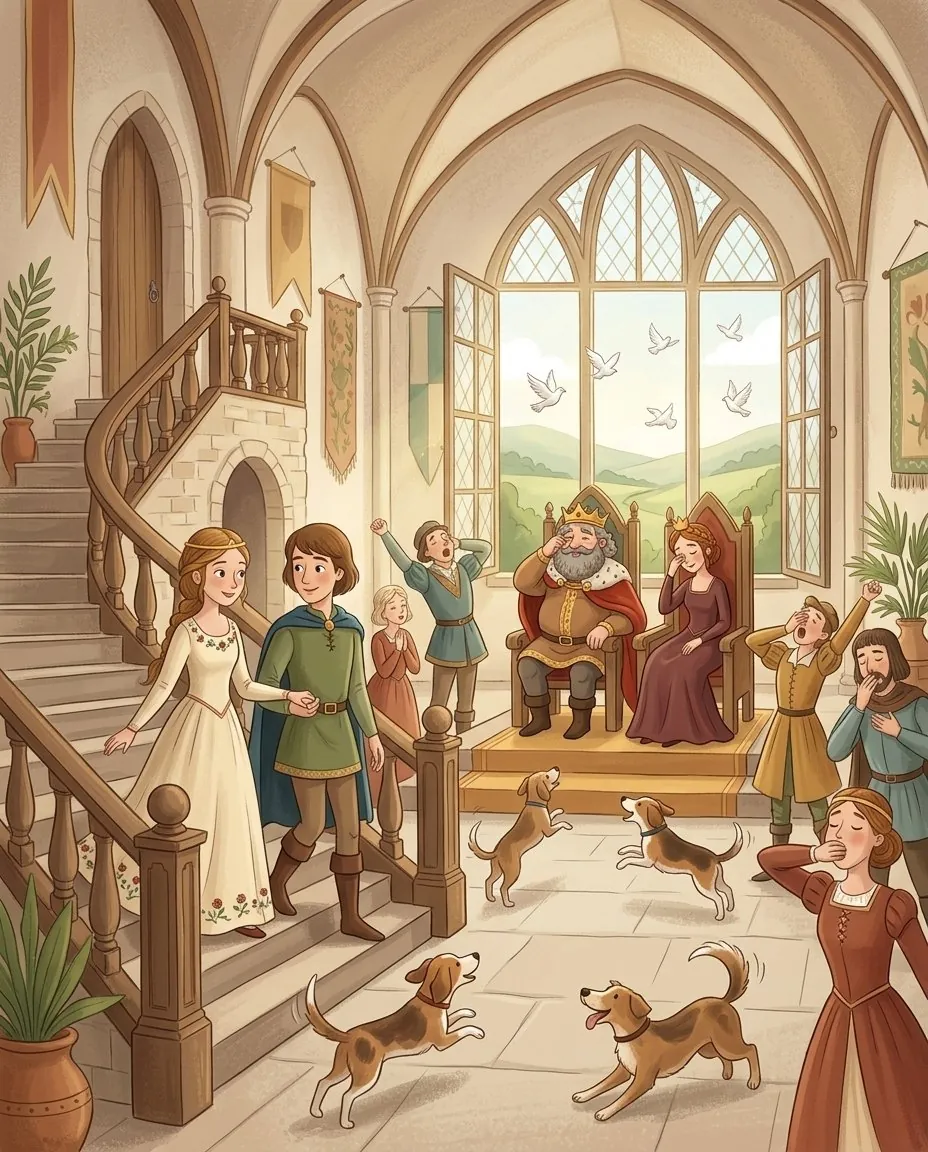 La Belle au bois dormant et le fils du roi descendent l'escalier, et toute la cour se réveille et se réjouit