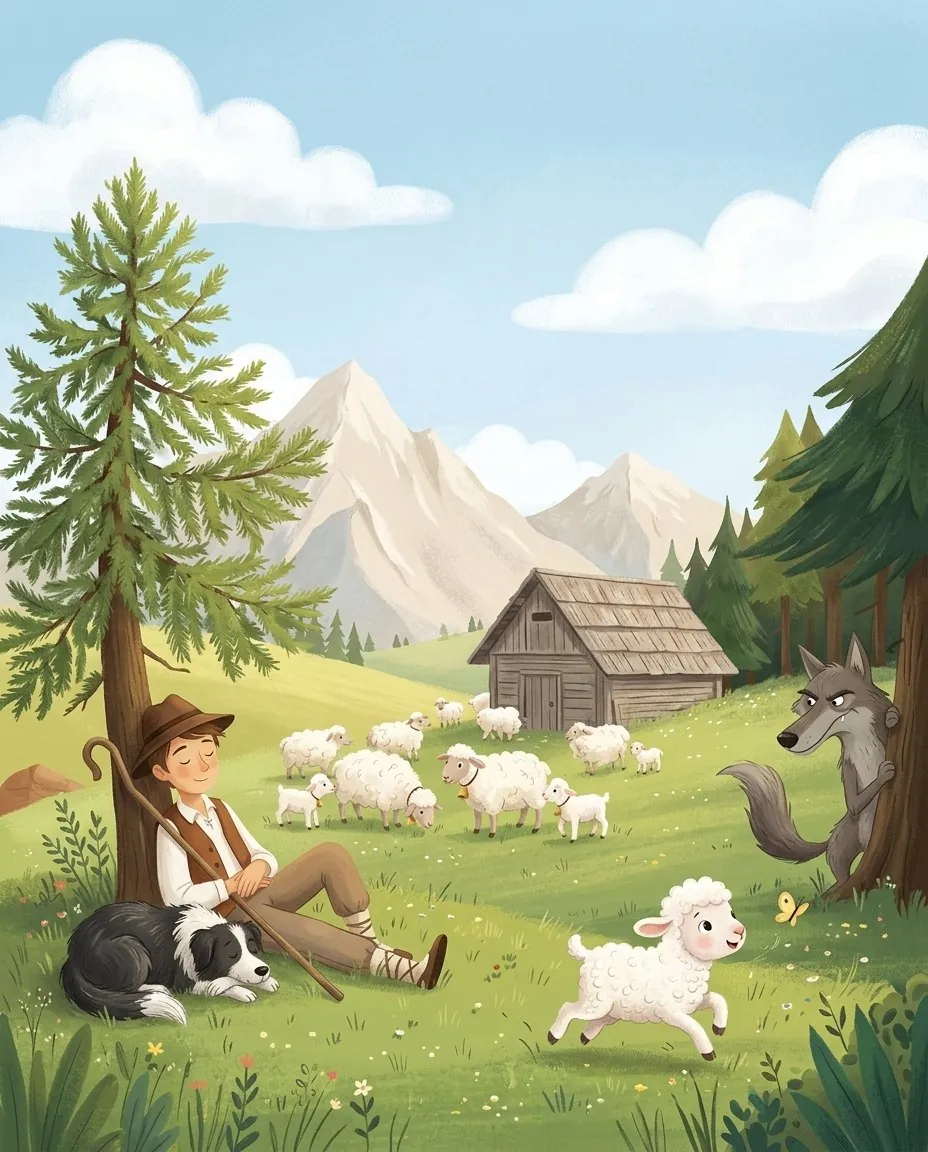 Dans un pré de montagne, un petit agneau blanc court après un papillon, loin du troupeau