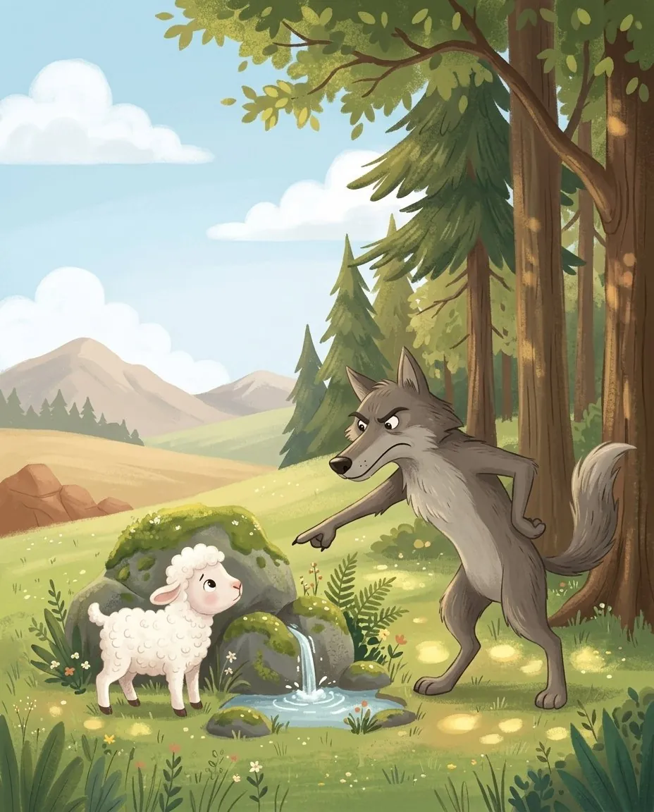À l'orée du bois, le loup fronce les sourcils au-dessus du tout petit agneau