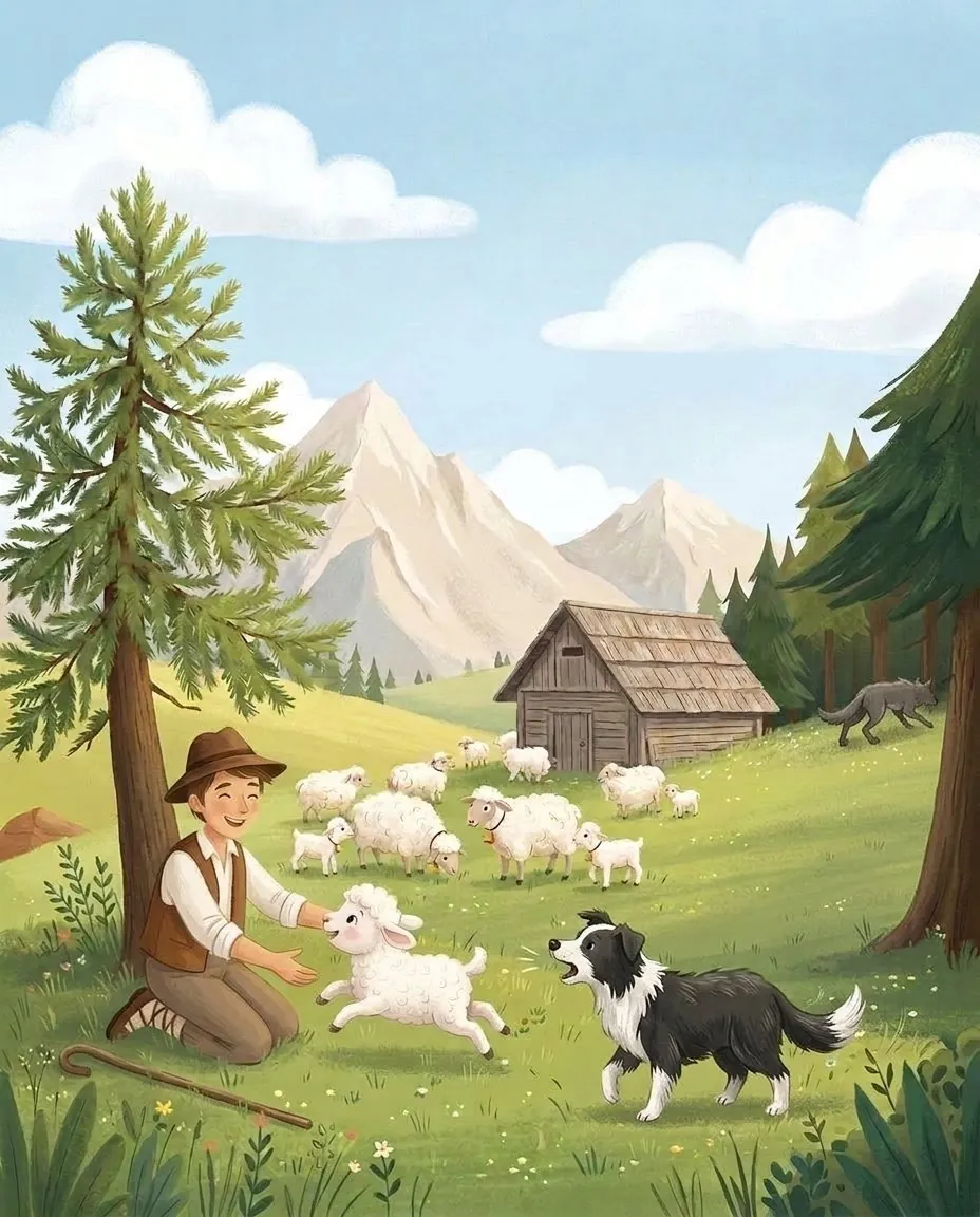 Le petit agneau court se jeter dans les bras du berger, tandis que le loup s'enfuit dans le bois, la queue basse