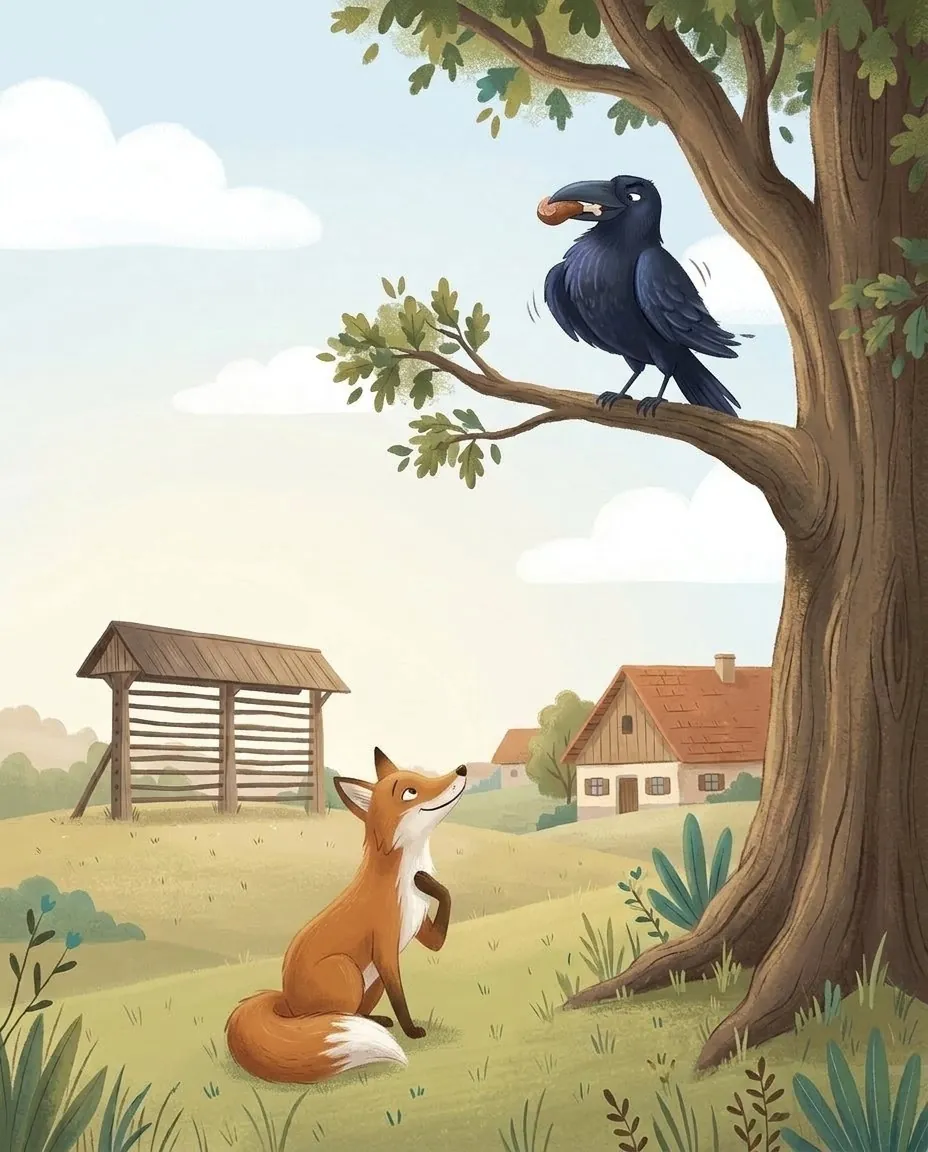 Sous l'arbre, le renard couvre de compliments le corbeau, qui se gonfle d'orgueil