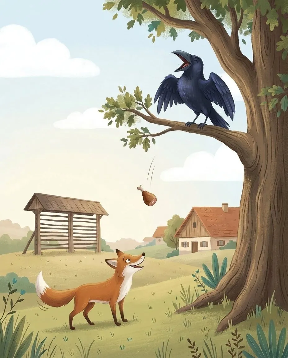Le corbeau croasse à pleine voix, et le morceau de viande tombe juste devant le renard