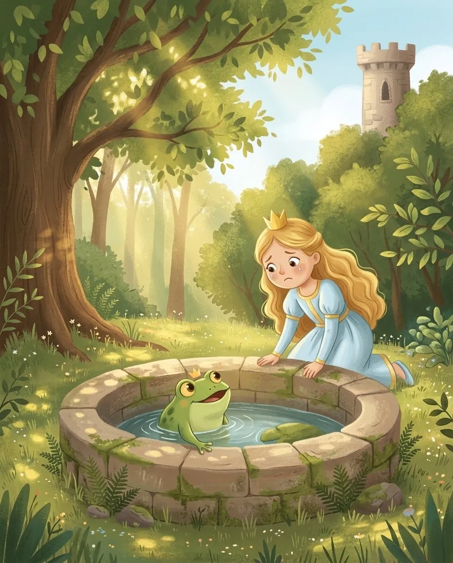 Une grenouille verte sort la tête de la fontaine et parle à la princesse en larmes