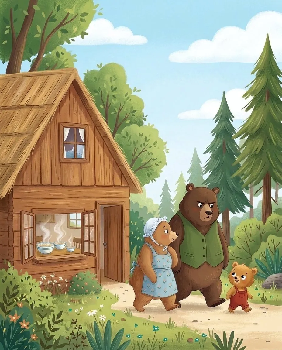 Trois ours de tailles différentes devant une maisonnette en bois dans la forêt