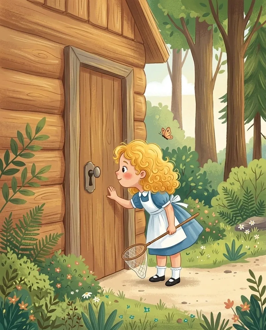 Une petite fille aux boucles dorées regarde par le trou de la serrure de la maison des ours