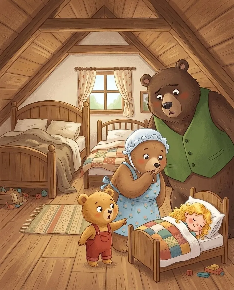 Les trois ours se tiennent près du petit lit où dort Boucle d'or